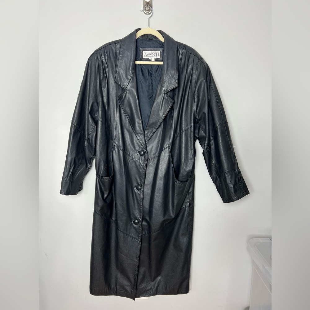Vintage 100% Genuine Leather Black Long Trench Coat Button Front Lined EXCELLENT